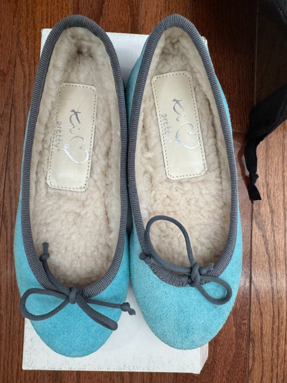 Girls Ballet Flats Girls Suede Teal blue with Shearling real fur inside US13
